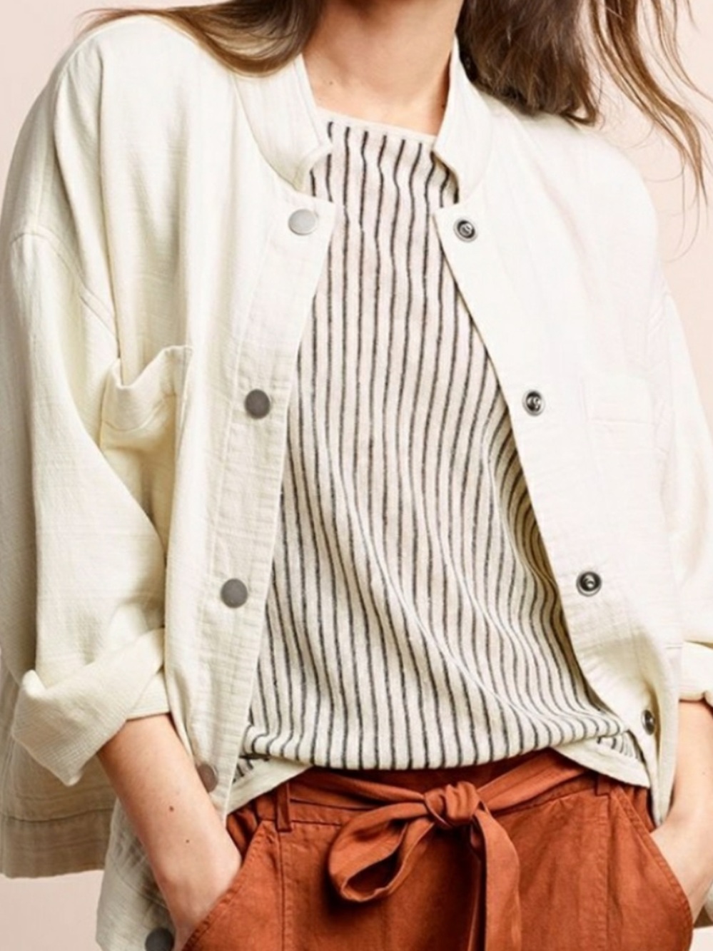 Eileen Fisher Channel Mandarin Collar Jacket Cream 100% Organic Cotton L/XL